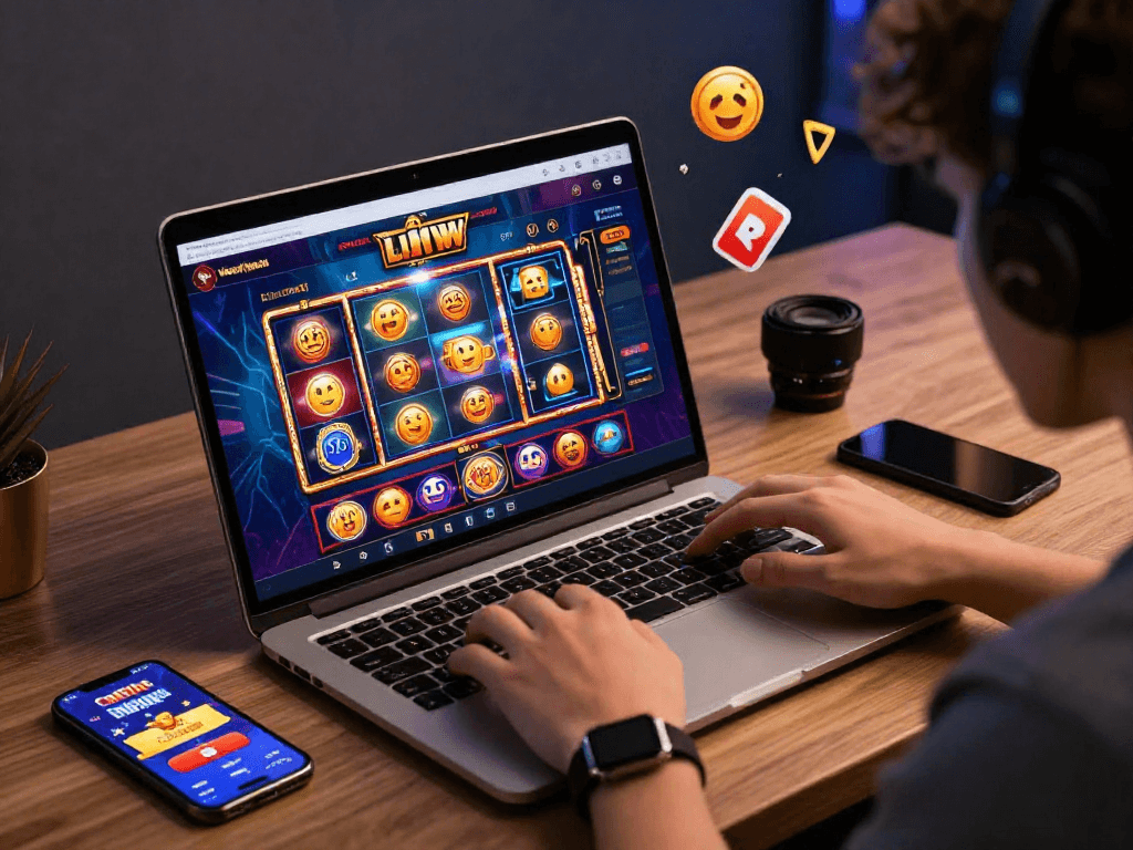 Joueur découvrant un nouveau casino en ligne avec des graphismes vibrants et des notifications de bonus sur son smartphone.