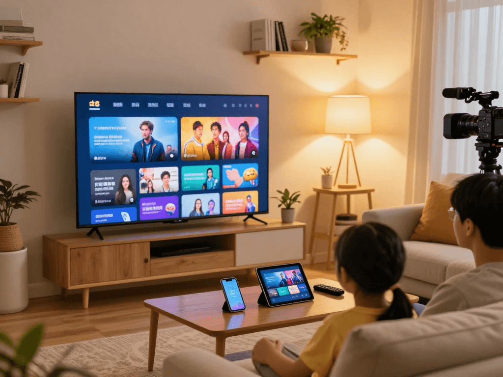 Profitez d'Atlas pro ontv, streaming familial dans un salon chaleureux avec télévision et appareils modernes.