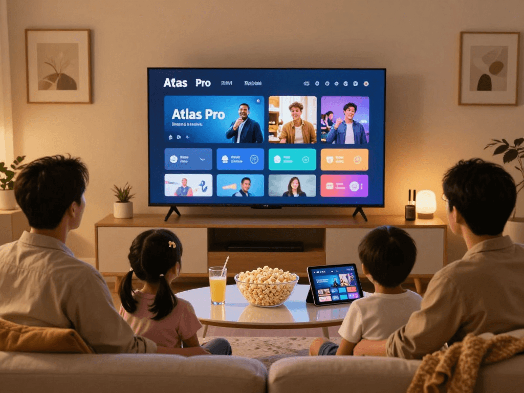 Profitez de l'expérience de visionnage avec atlas pro dans un salon chaleureux et accueillant.