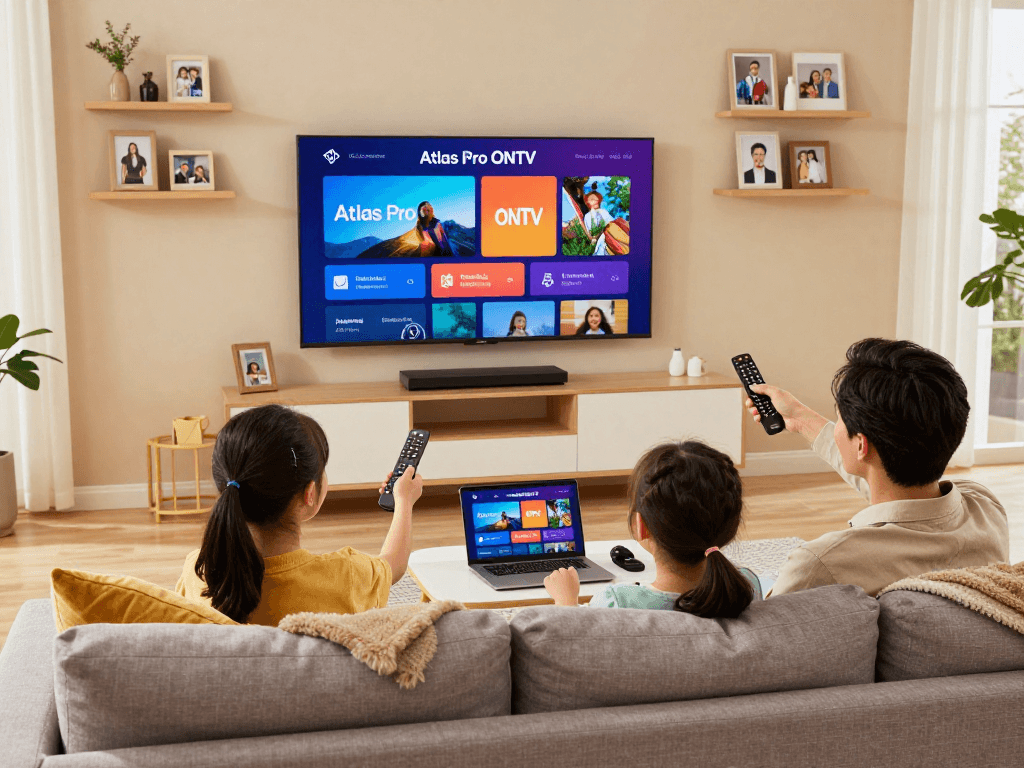 Famille profitant de leur abonnement Atlas Pro sur une Smart TV dans un salon chaleureux.