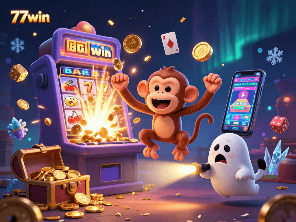 Experience the thrill of 77win with a lively 3D casino scene, featuring playful characters and jackpot excitement.