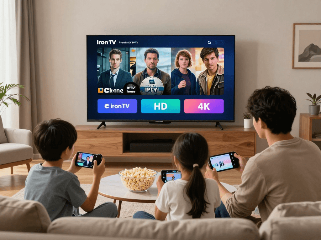 Profitez de l'expérience de streaming Iron tv en famille dans un salon moderne, regardant des films en HD.