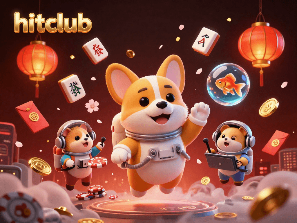 Experience thrilling gaming at hitclub with a playful astronaut corgi amidst casino elements.